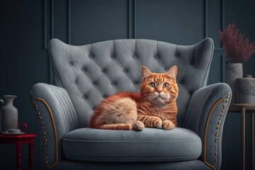 Cat on an armchair in the house, room design, red cat, digital art style