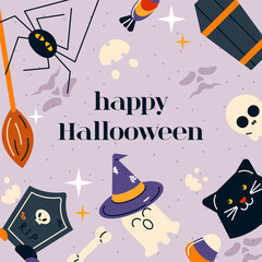 Happy Halloween card background. Promo post template design, square frame with cute ghost, skull, funny spiders, cat, candies for Helloween holiday party. Colorful flat vector illustration