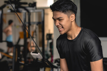 A young handsome asian man grunts while doing tricep pushdowns at the gym. - obrazy, fototapety, plakaty