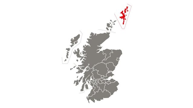 Shetland council area blinking red highlighted in map of Scotland