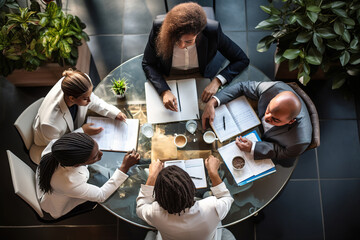 Top view of business people brainstorming at desk, analyzing financial reports and data in modern office.
