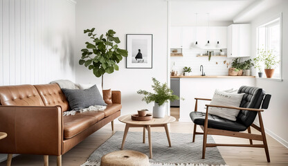 Scandinavian living room with white walls and a warm wood accent wall, Generative AI