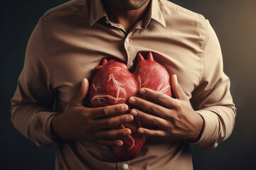Man having severe chest pain, suffering from heart attack. Man holding heart in hands.
