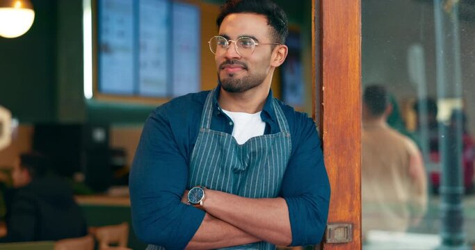 Entrance, arms crossed or coffee shop man, happy cafe waiter or barista smile for startup small business, bakery or job. Cafeteria, confidence or diner happiness, relax and leaning on storefront door