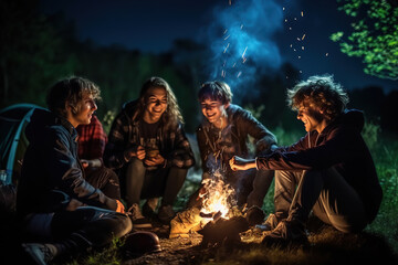 Teenage friends having fun together at night party around bonfire. - obrazy, fototapety, plakaty