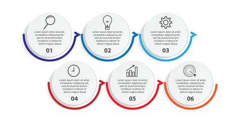 Business Infographic Template Design. Timeline with 6 marketing steps, options and icons. Vector linear infographic with six connected elements. Can be used for presentations in your business.