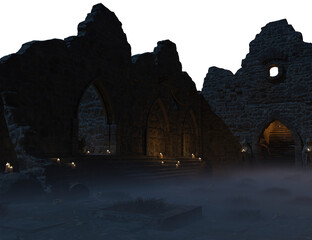 A 3d rendered illustration backdrop of gothic ruins, a mystical temple at night with candle lights 