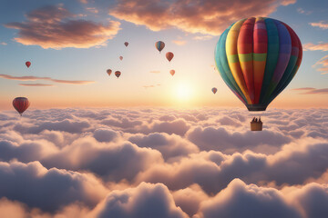 hot air balloon above the clouds at sunset, travel concept, generative ai - obrazy, fototapety, plakaty