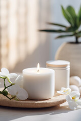 Fototapeta na wymiar Luxury lighting aromatic scented glass candle display on the grey table in the white bedroom