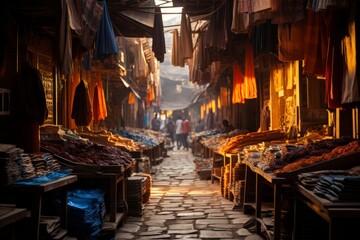  Bustling textile market with bolts of colorful fabrics and patterns, Generative AI