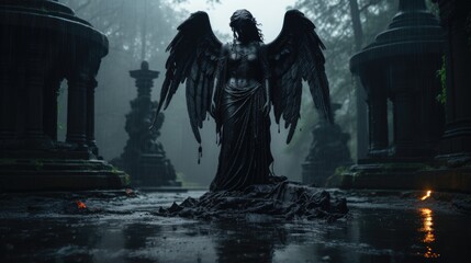 Sculpture of an angel with wings at a funeral in a cemetery near a gravestone. The angel of death and life meets the soul of the deceased - obrazy, fototapety, plakaty