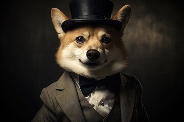 Elegant dog in a vintage suit with a top hat