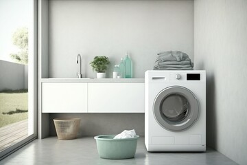 Washing machine in the room, washing machine, digital art style