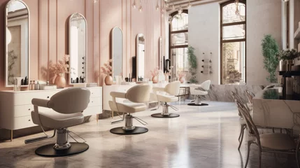Poster Schönheitssalon Stylish beauty salon interior. Hairdresser and makeup artist workplaces in one room, creative mirrors