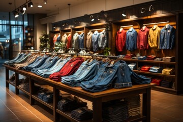 Fototapeta na wymiar Clothing store's denim section featuring various styles and washes of jeans, Generative AI