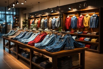 Obraz premium Clothing store's denim section featuring various styles and washes of jeans, Generative AI