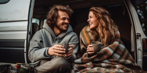 Young loving couple in love in a motorhome. They drinking morning coffee and looking at camera. Traveling as a couple is an excuse to escape from the hustle and bustle of the big city and be alone.