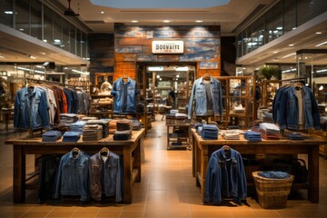 Clothing store's denim section featuring various styles and washes of jeans, Generative AI - obrazy, fototapety, plakaty