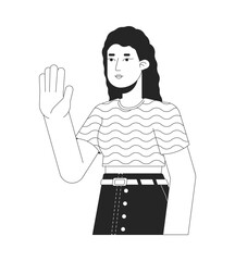 Wavy hair young adult woman hello wave black and white 2D line cartoon character. Positive greeting isolated vector outline person. Nonverbal communication. Say hi monochromatic flat spot illustration © IMG visuals characte