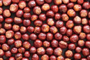 Horse chestnut. Autumn background, chestnuts on a wooden background, top view. Chestnuts are laid out in one layer on the table. Texture. Scattered horse chestnuts on a brown background