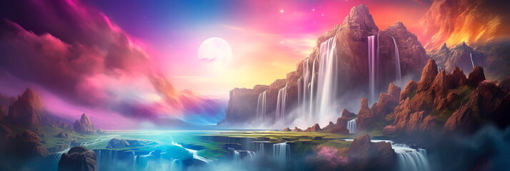 mystical waterfall pouring from a celestial mountain amidst a swirling, ethereal abstract landscape.
