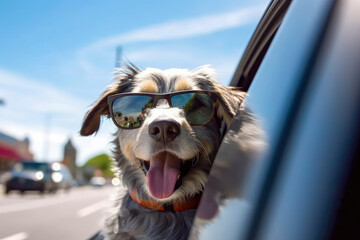 Happy dog enjoying from traveling by car , Dog in car wearing sunglasses sits inside a vehicle on a bright day