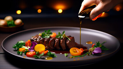 Closeup Gourmet Professional, Chef decorating  of Michelin-starred restaurant cuisine