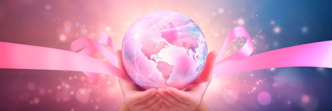 doctor's hand holding a delicate cancer awareness ribbon against a backdrop of a world map