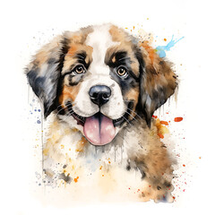 St Bernard puppy. Stylized watercolour digital illustration of a cute dog with big eyes.