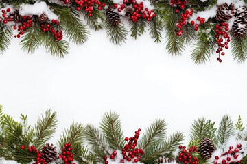 Fototapeta na wymiar Holiday border of pine branches on white background for Christmas, in the style of snow scenes, with blank space for text. Generative AI