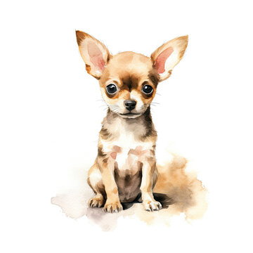 Chihuahua puppy. Stylized watercolour digital illustration of a cute dog with big eyes.