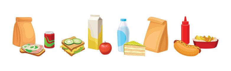 School Lunch Bag with Different Products Vector Set