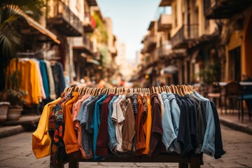Vibrant street market filled with clothing vendors and colorful fabrics, Generative AI