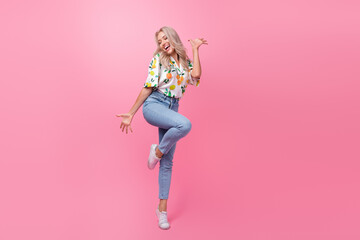 Full length fit body photo of gorgeous lady elegant dance model feel night vibe party stylish garment isolated on pink color background