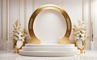 Luxury white and gold podium for product presentation.