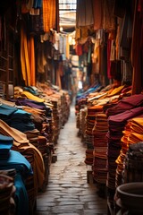 Bustling textile market with bolts of colorful fabrics and patterns, Generative AI