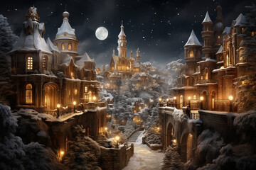 Golden Hues Illuminate a Winter Wonderland on Holy Christmas Night - obrazy, fototapety, plakaty