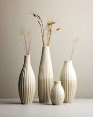 Dried flowers in white ceramic vases. Minimalistic interior decoration concept