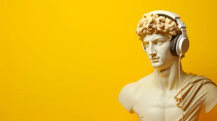 Fotobehang Sculpture or statue of David wearing headphones on yellow background © Peopleimages - AI