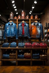 Clothing store's denim section featuring various styles and washes of jeans, Generative AI