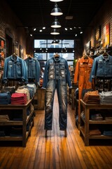Clothing store's denim section featuring various styles and washes of jeans, Generative AI