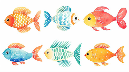 Naklejka premium Set of Watercolor Red Orange Yellow Turquoise Fish illustration on white background