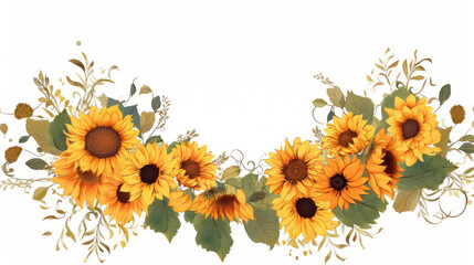 Sunflower border illustration in a hand drawn style on a white background