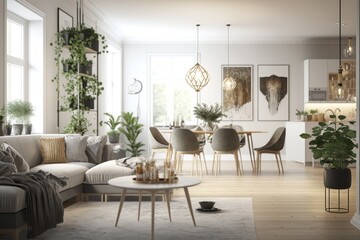 Room in the house, indoor plants, home gatherings, digital art illustration, color
