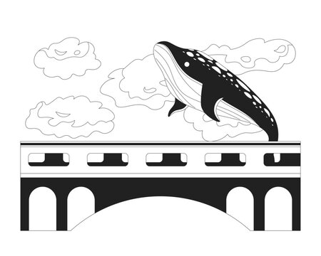 Whale humpback flying above bridge black and white 2D illustration concept. Fairytale animal in clouds sky isolated cartoon outline scene. Fantastic world surreal metaphor monochrome vector art