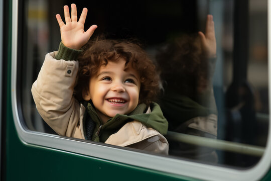 A young Hispanic boy waving goodbye through a train window, a boy with brown curly hair waving his goodbyes