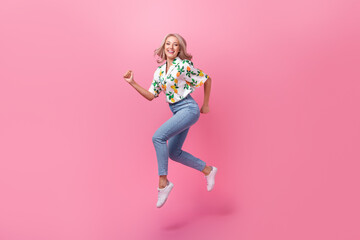 Full body size photo of crazy running charming young model girlfriend last chance buy clothes...