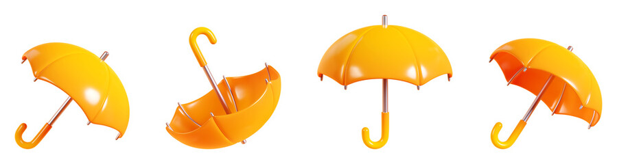 Open rain umbrella 3d render illustration - cartoon icon of autumn and rainy weather yellow element for seasonal design.