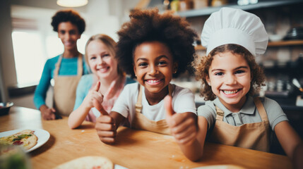 Group of diverse kids in kitchen. Positive happy baking and cooking education