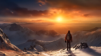 Obraz premium Hiker man with view of the sun setting behind the mountain range. Generative AI
